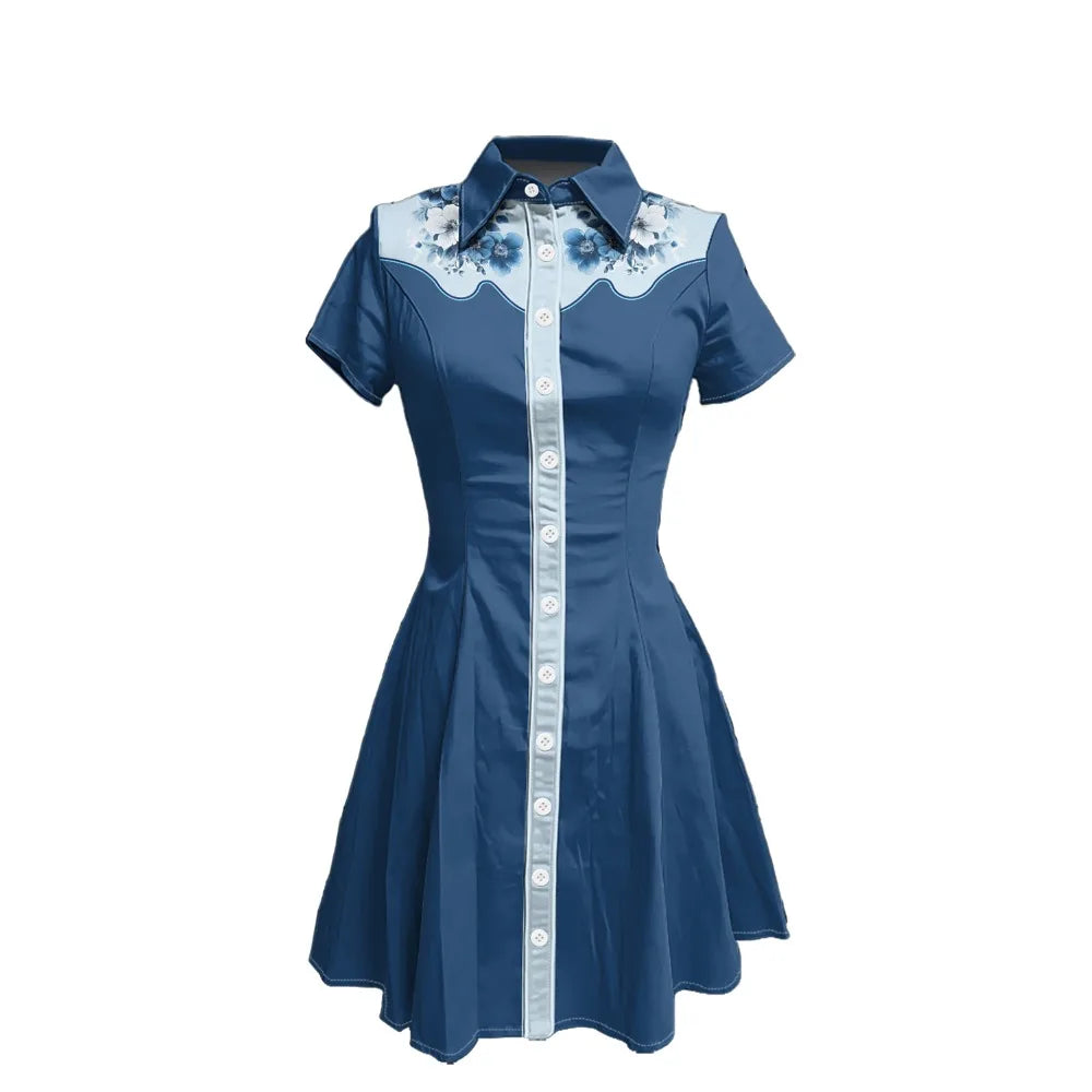 Short Sleeve Button-Front Shirt Dress with Floral Yoke and Contrast Placket