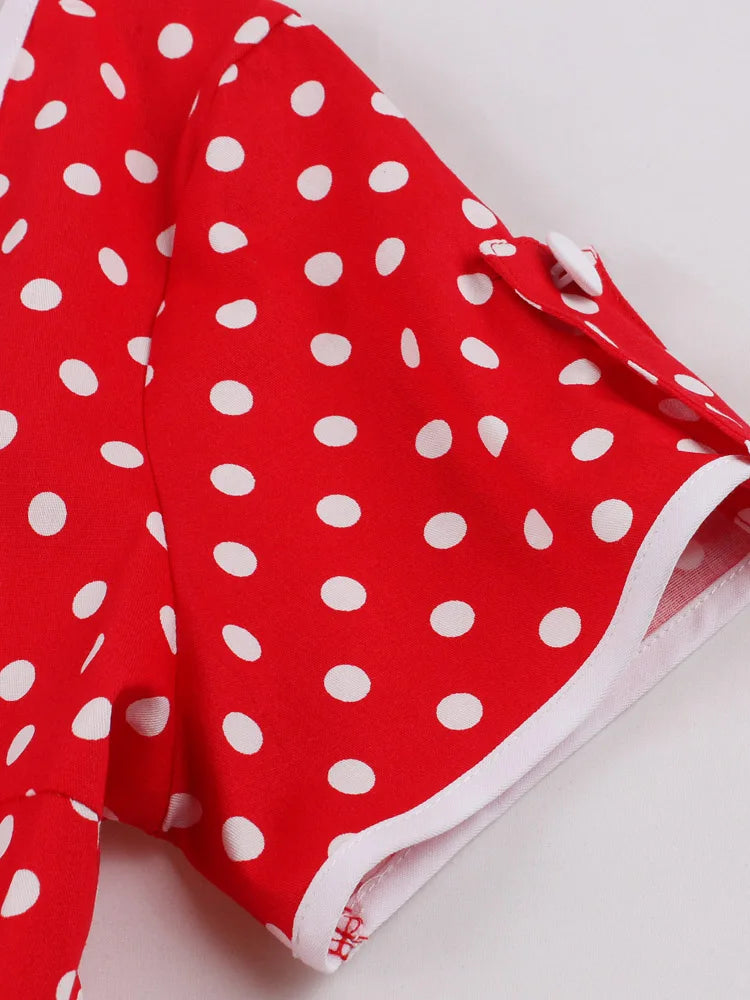 Polka Dot Short Sleeve Midi Dress with Waist Band