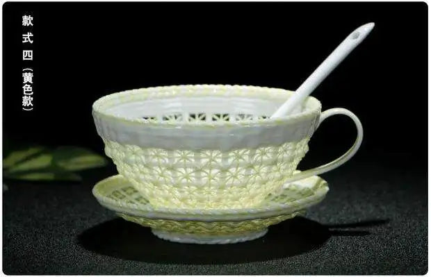 Antique Style Woven-Relief Ceramic Coffee Cup & Saucer Set