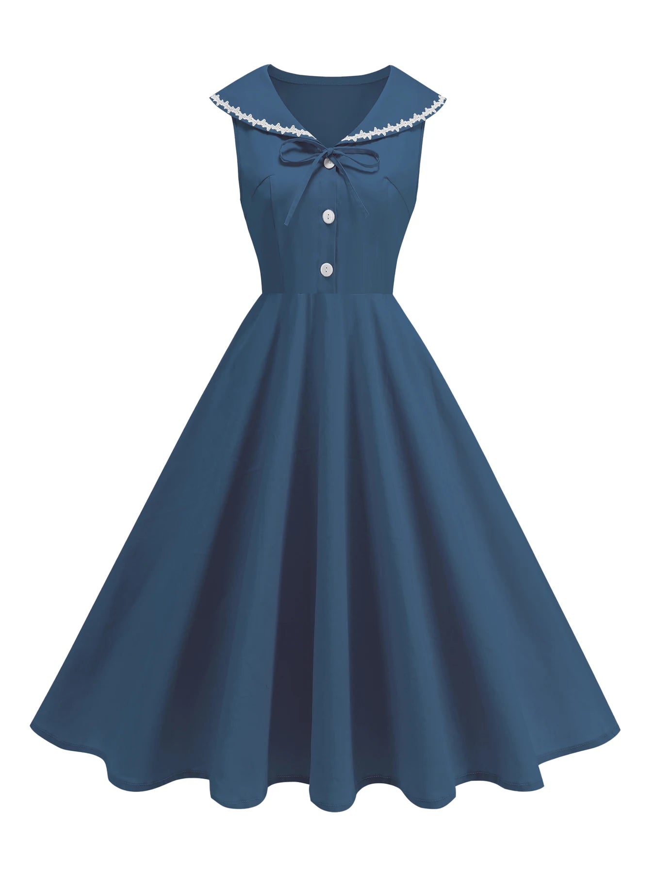 Sailor Collar Sleeveless Midi Dress with Button Front