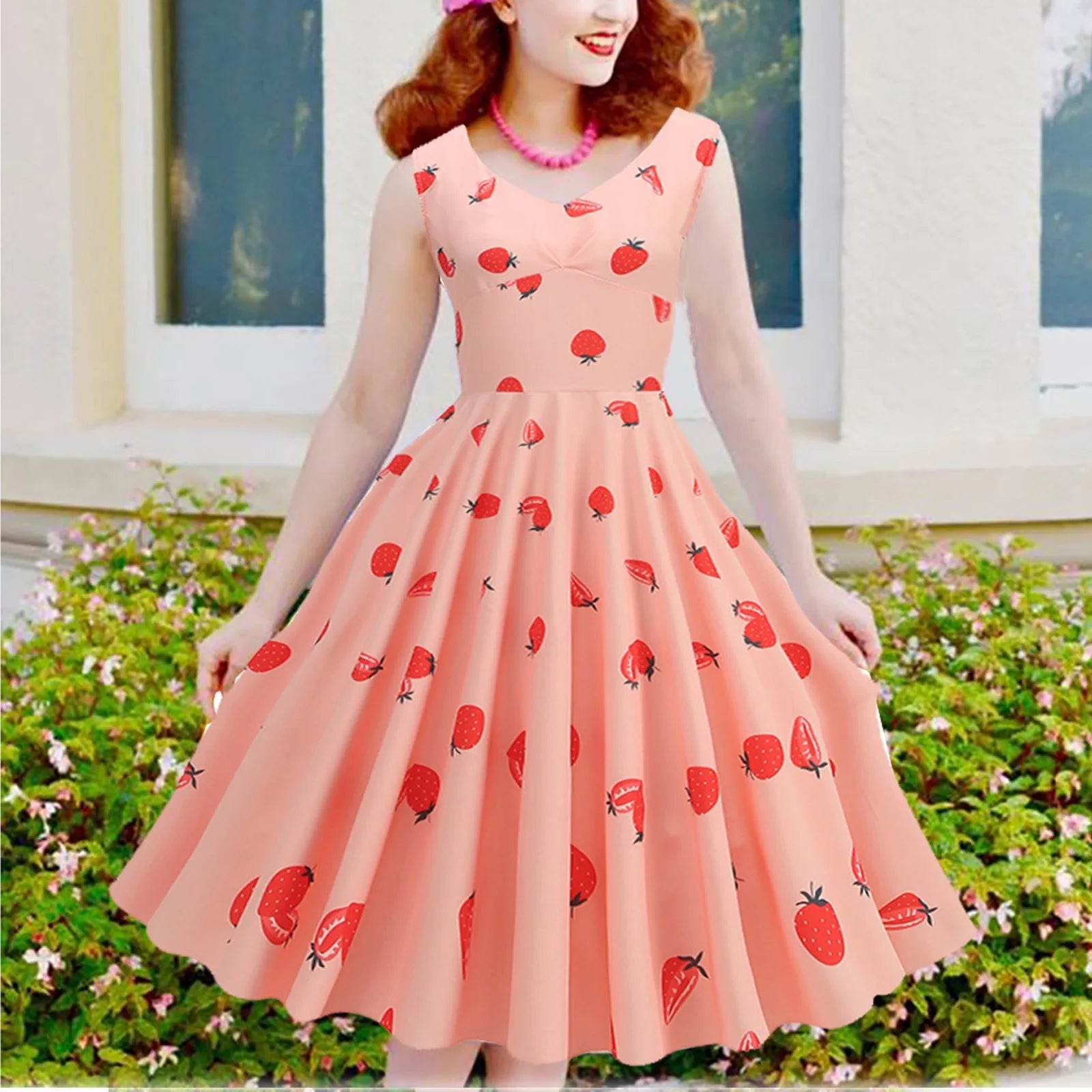 Strawberry Print Sleeveless Midi Dress