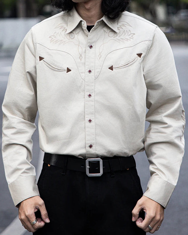 1940s Style Long Sleeve Western-Style Button-Up Shirt with Embroidered Yoke Details