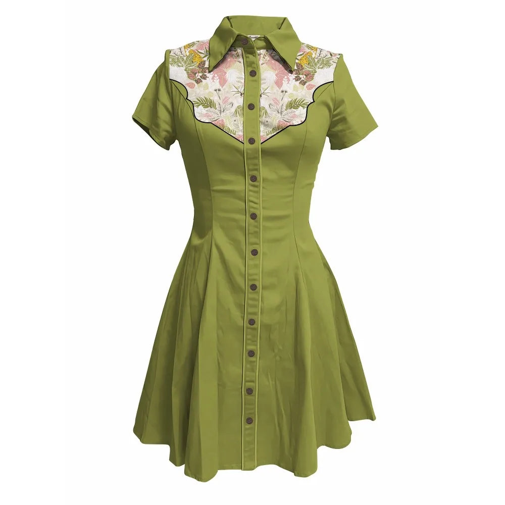 Short Sleeve Western-Style Button-Front Shirt Dress with Floral Print Yoke