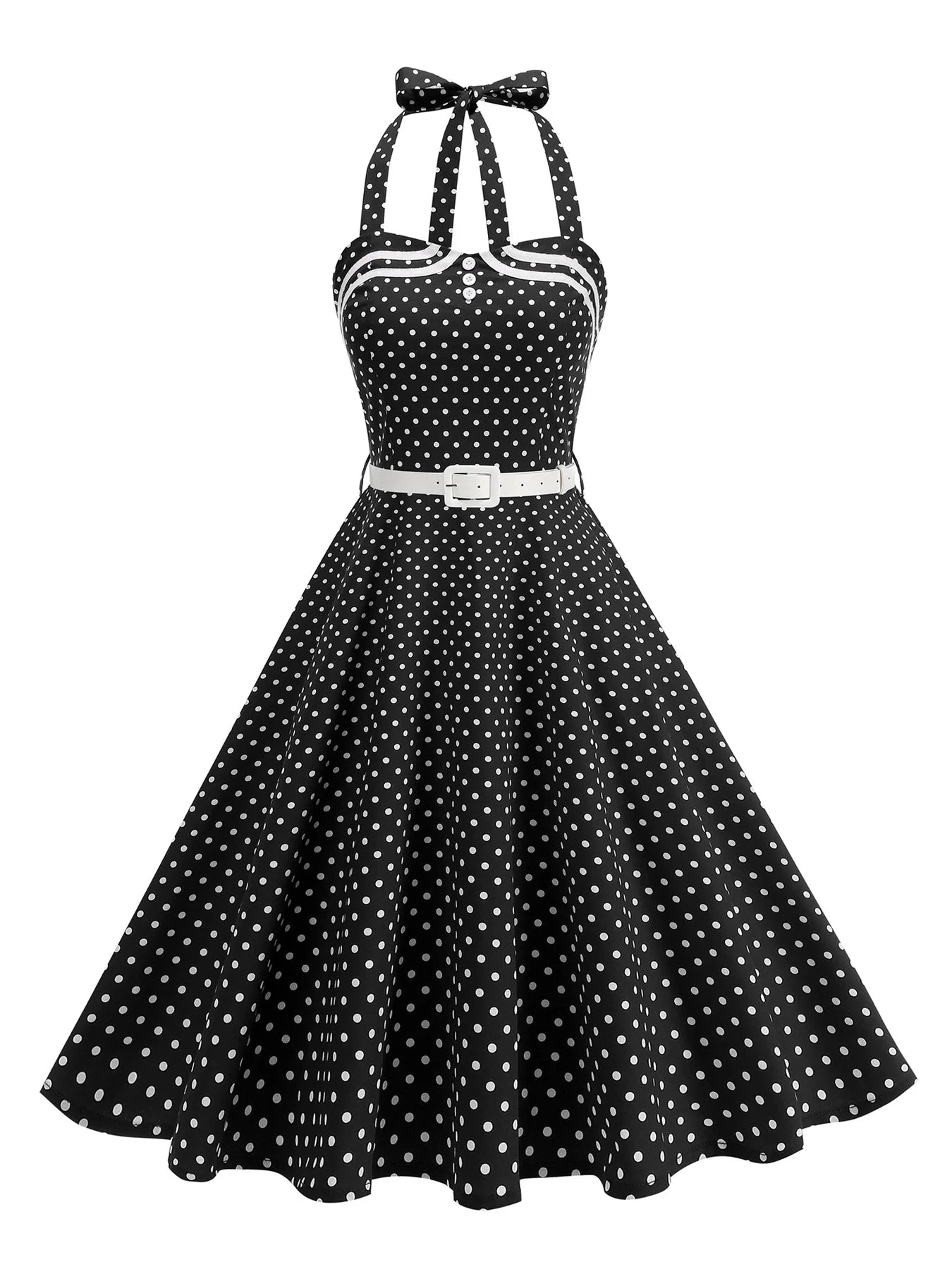 Polka Dot Trim Halter Belted Dress