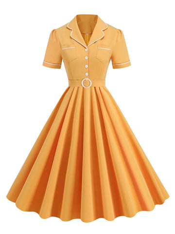 Contrast Trim Button-Front Fit & Flare Dress