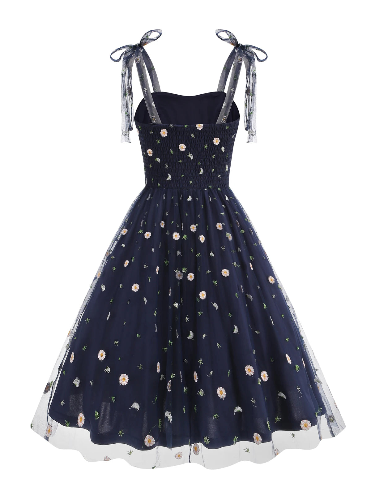 Embroidered Floral Tie Strap Midi Dress with Sheer Overlay