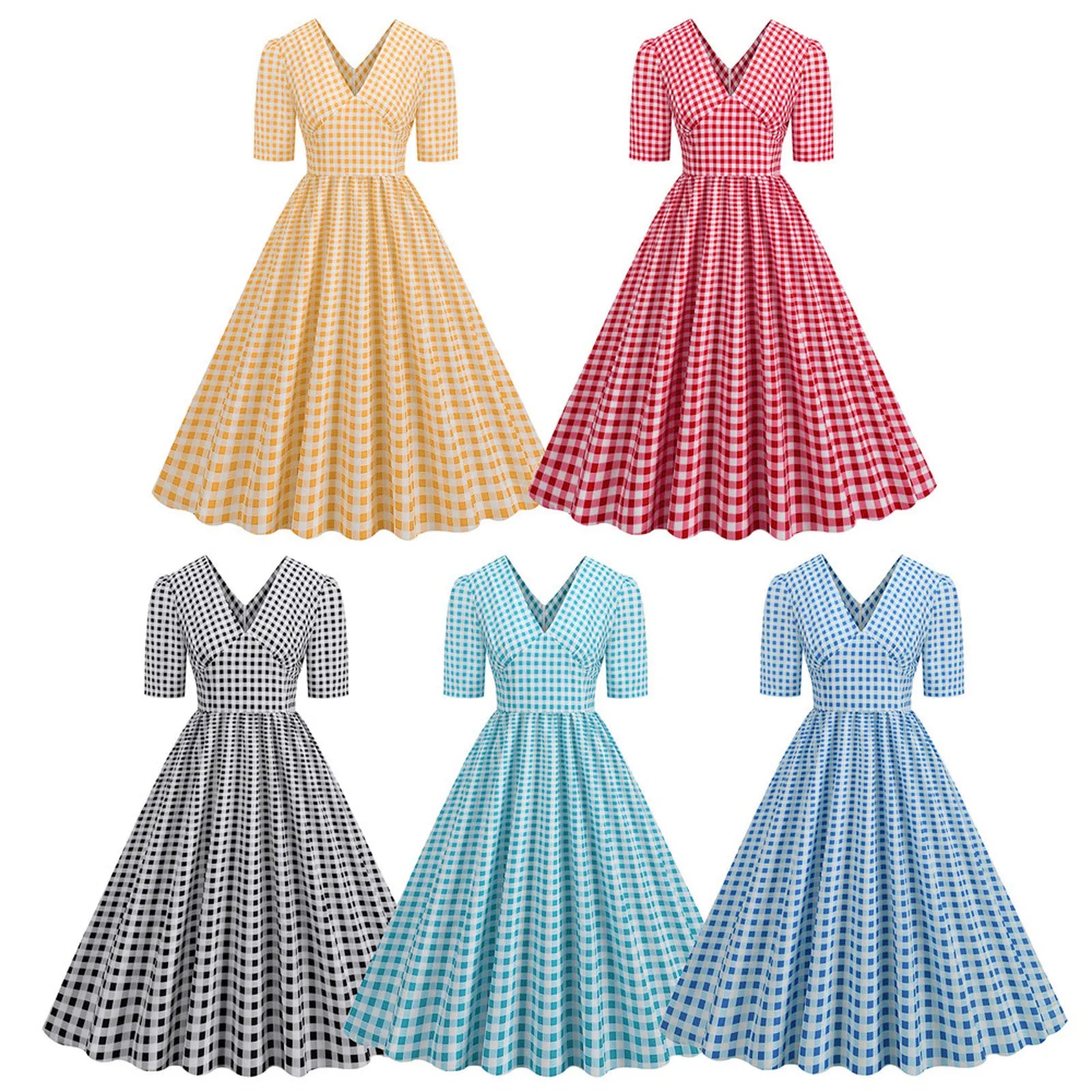 Gingham V-Neck Midi Dress with Fitted Bodice