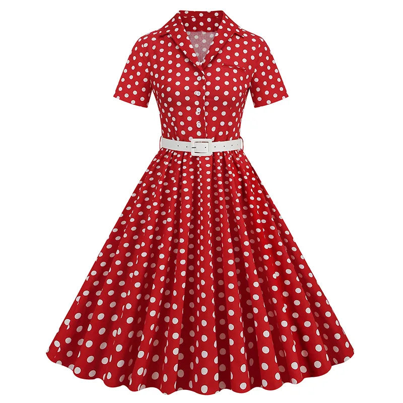 Women Vintage Polka Dots Dress Retro Elegant V-Neck Office Cocktail Tea Party 1950s 40s Swing Dress Summer Dress Short Sleeves