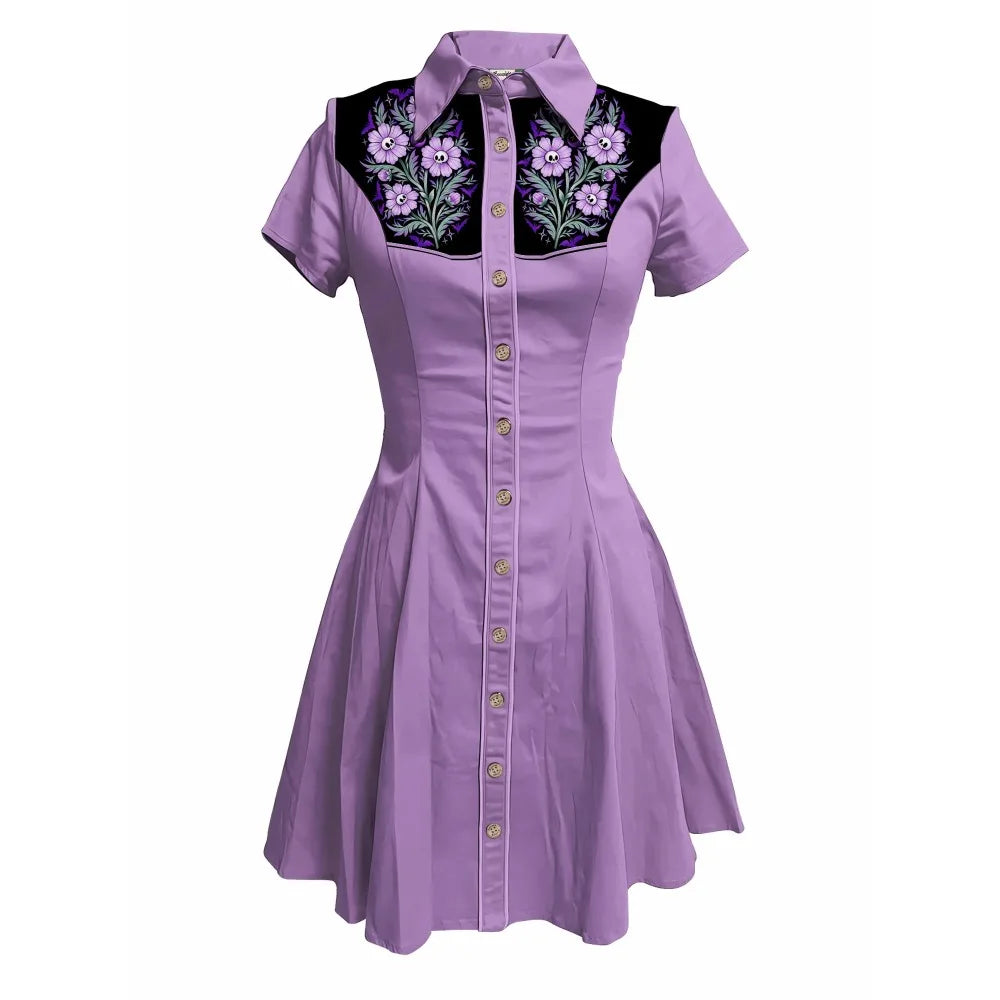 Short Sleeve Western-Style Button-Front Shirt Dress with Floral Embroidered Yoke