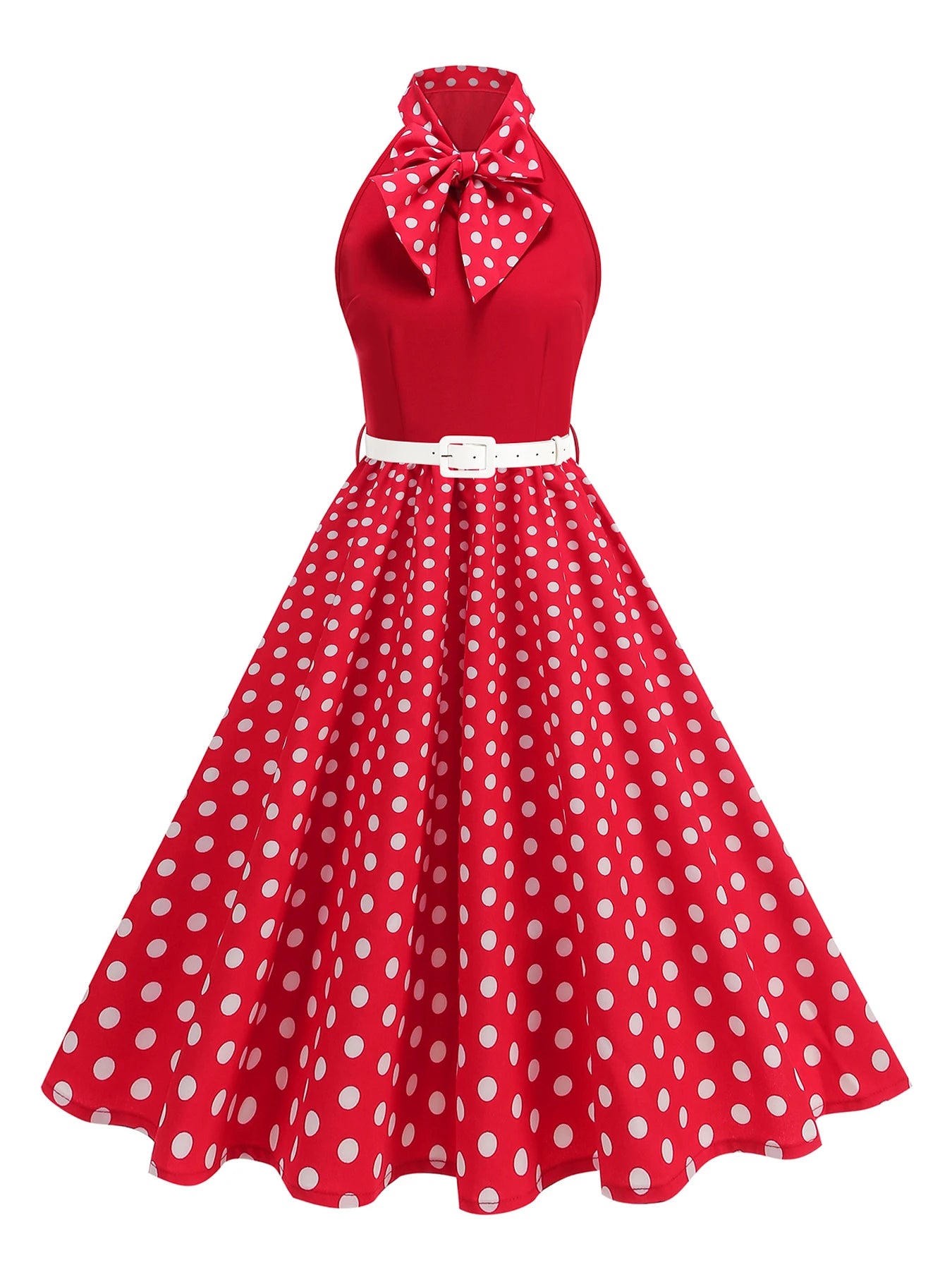 Halter Neck Polka Dot Midi Dress with Bow and Belt