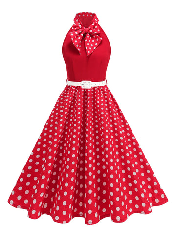 Halter Neck Polka Dot Midi Dress with Bow and Belt
