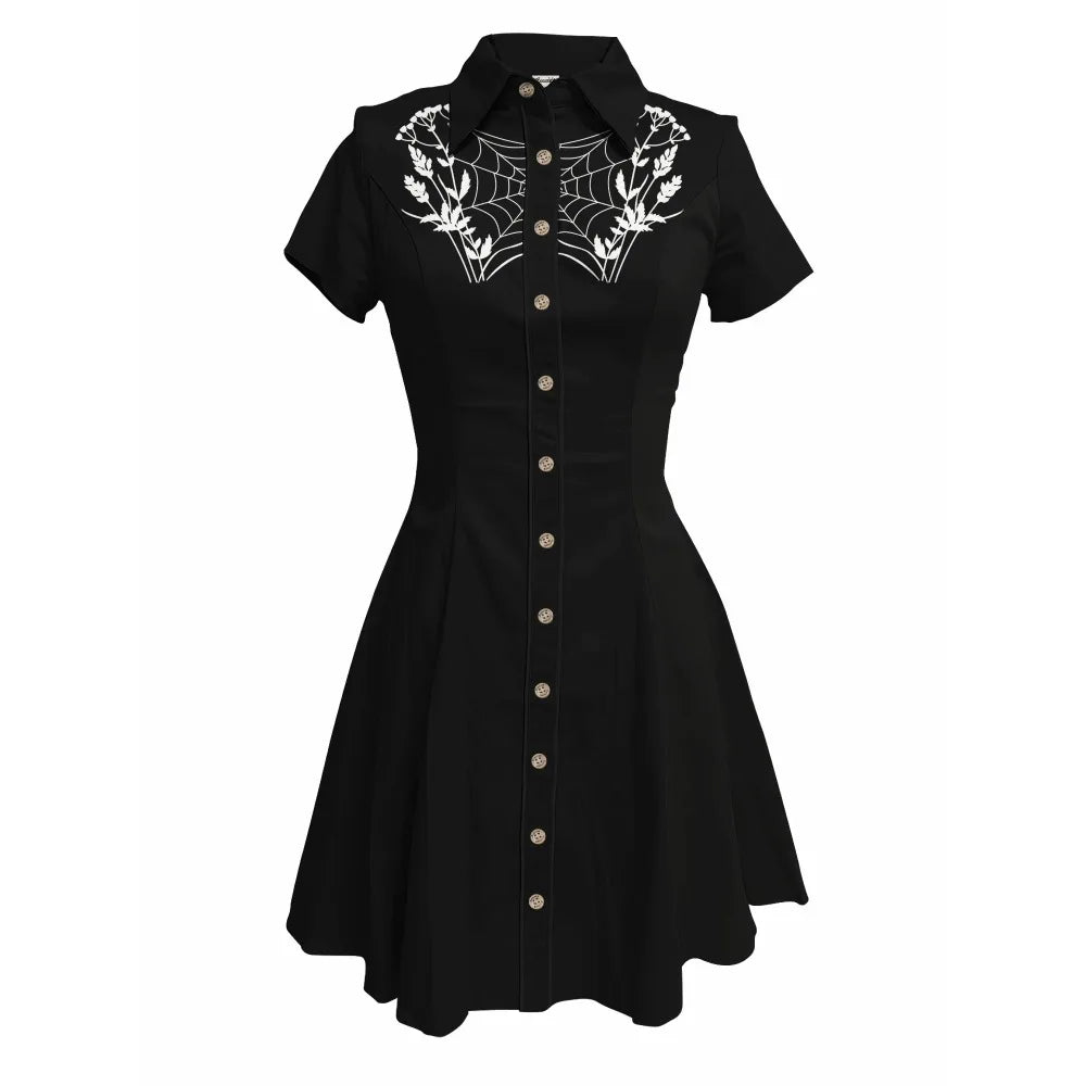 Short Sleeve Button-Front Shirt Dress with Spiderweb Yoke Graphic