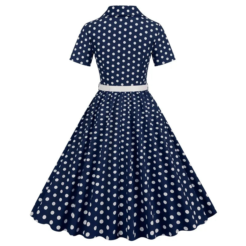 Women Vintage Polka Dots Dress Retro Elegant V-Neck Office Cocktail Tea Party 1950s 40s Swing Dress Summer Dress Short Sleeves