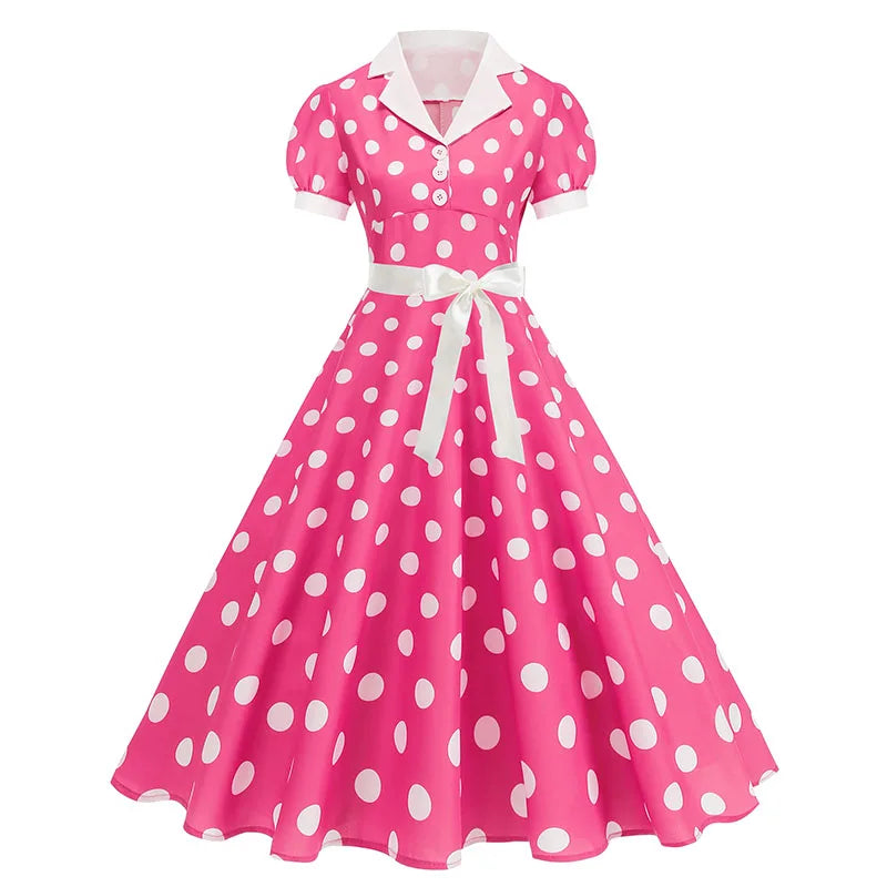 Vintage Polka Dot Pleated Summer Dress Women 1950s 60s Notched Collar Short Sleeve Belted Elegant Retro Clothing