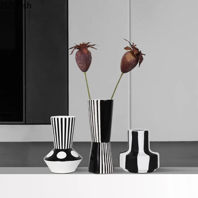 Art Deco Black & White Striped Geometric Vase