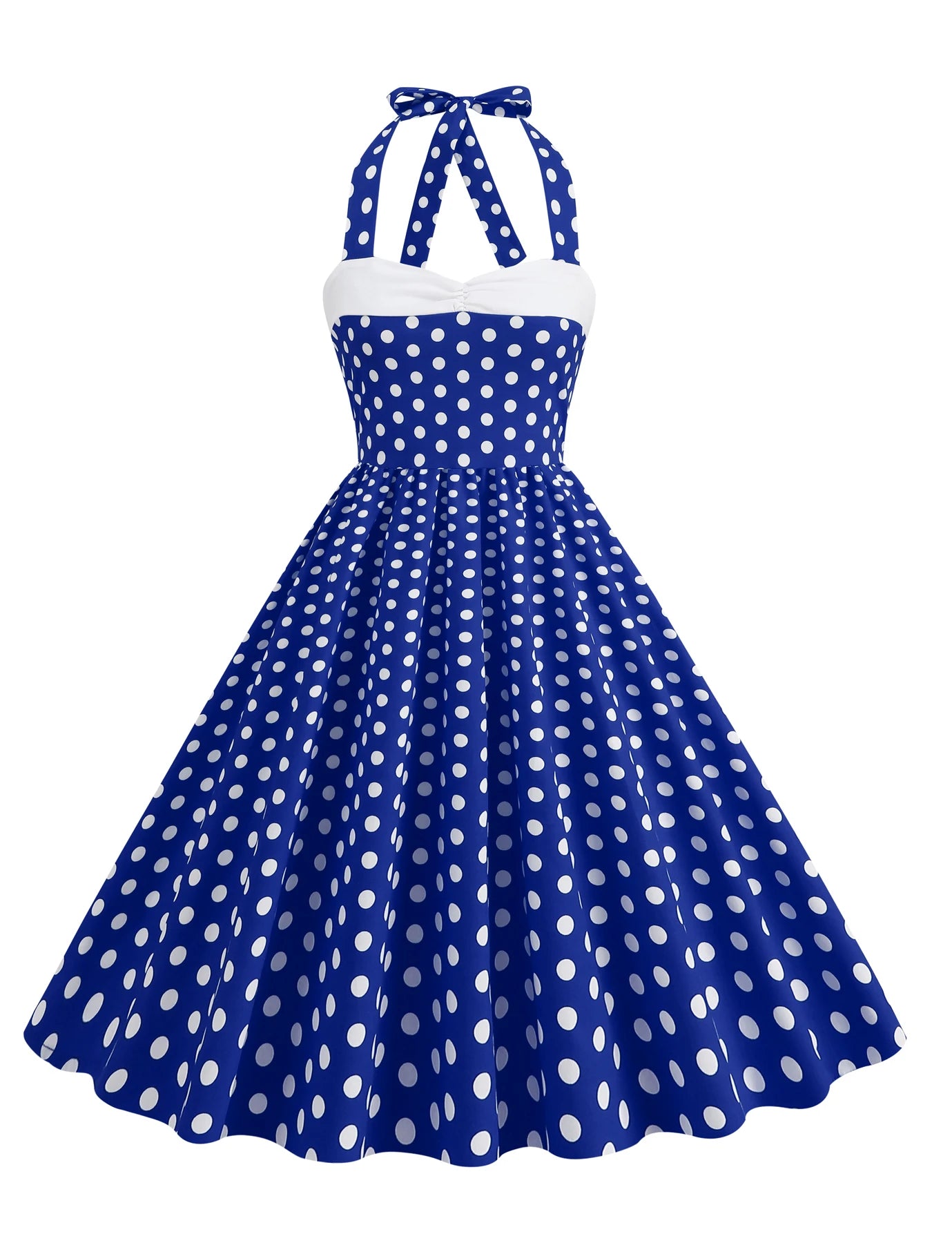 Polka Dot Halter Midi Dress with Contrast Bodice