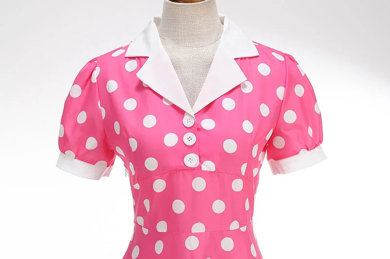 Vintage Polka Dot Pleated Summer Dress Women 1950s 60s Notched Collar Short Sleeve Belted Elegant Retro Clothing