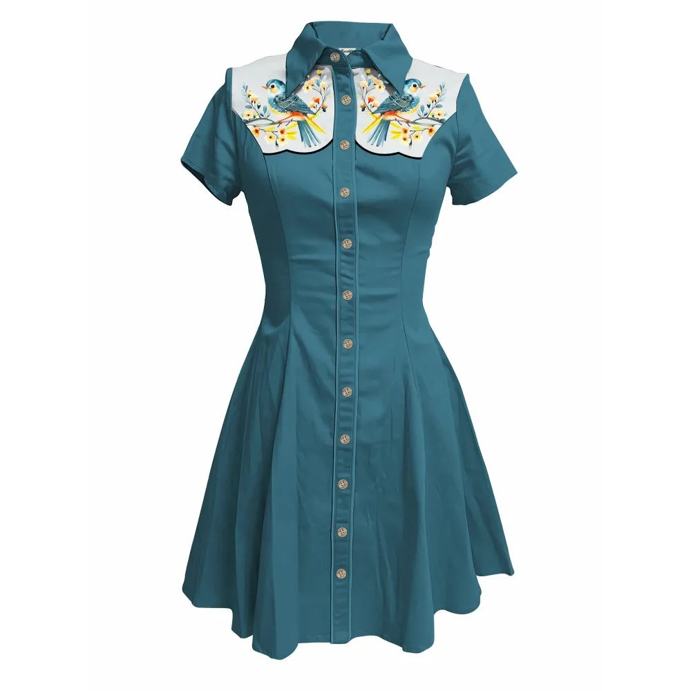 Short Sleeve Button-Front Shirt Dress with Bird Yoke Graphic