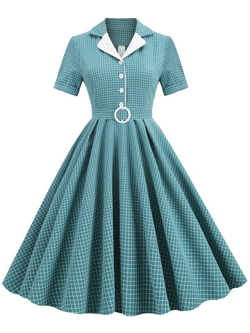 Grid Print Collared Midi Dress with Belt
