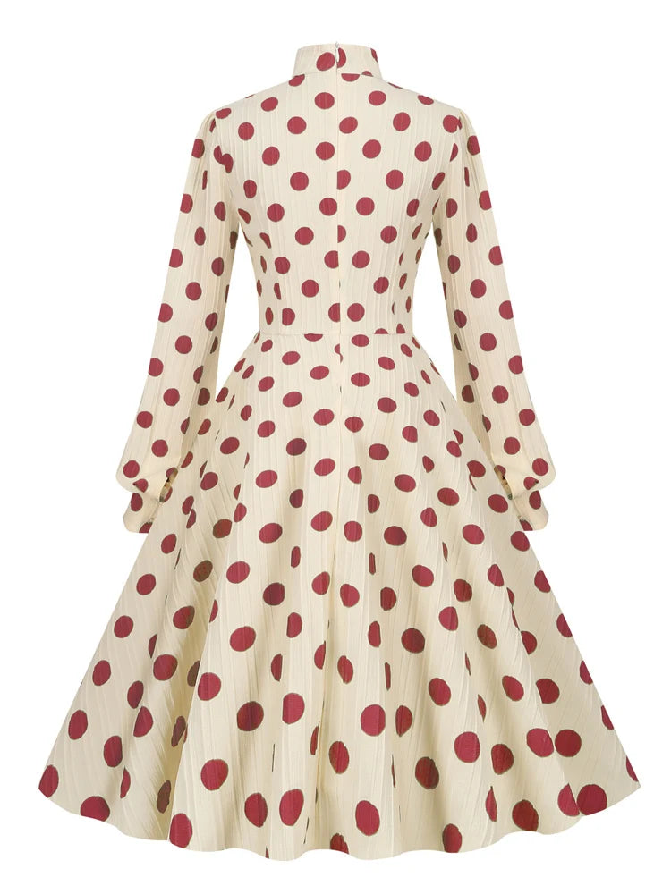 High Neck Polka Dot Long Sleeve Midi Dress with Bow Detail