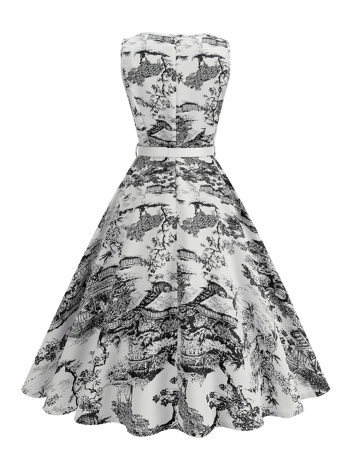 Scenic Print Belted Fit & Flare Dress