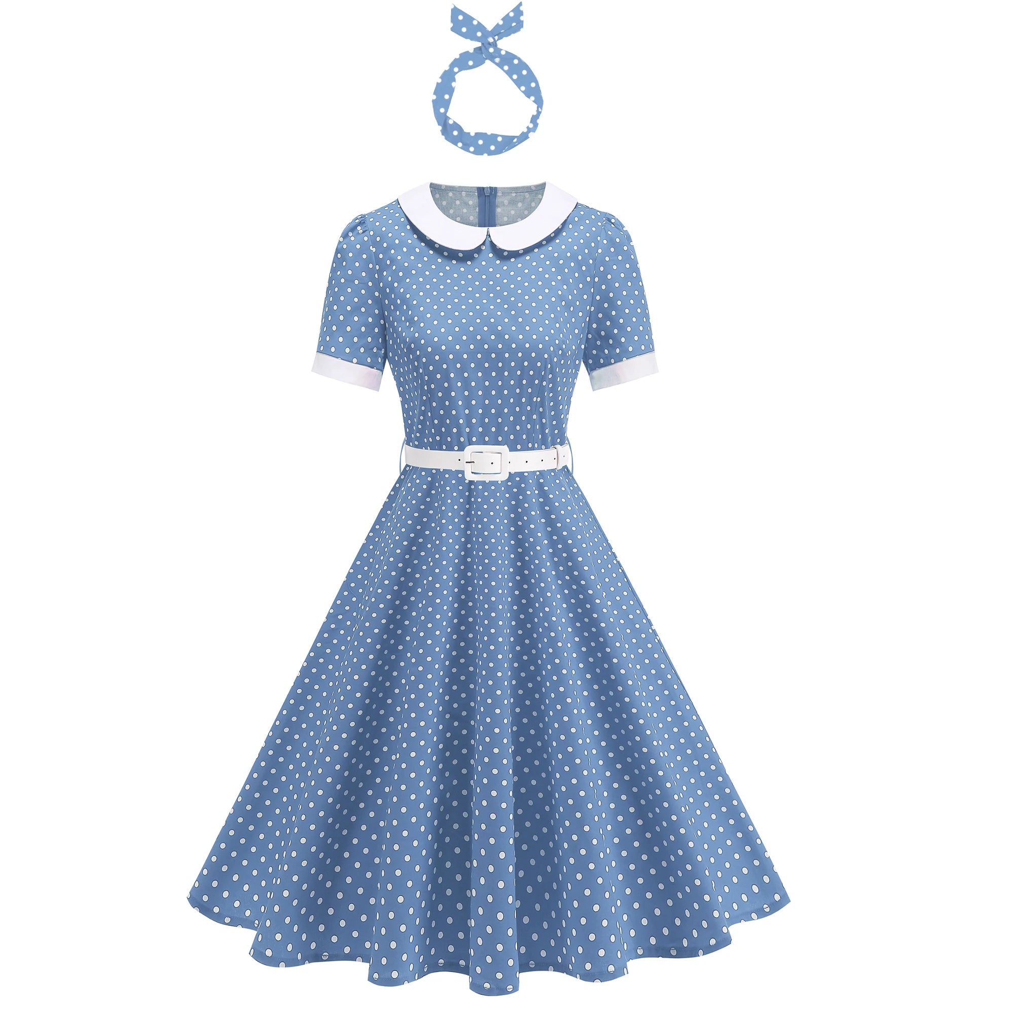 Polka Dot Collar Fit & Flare Dress with Headband