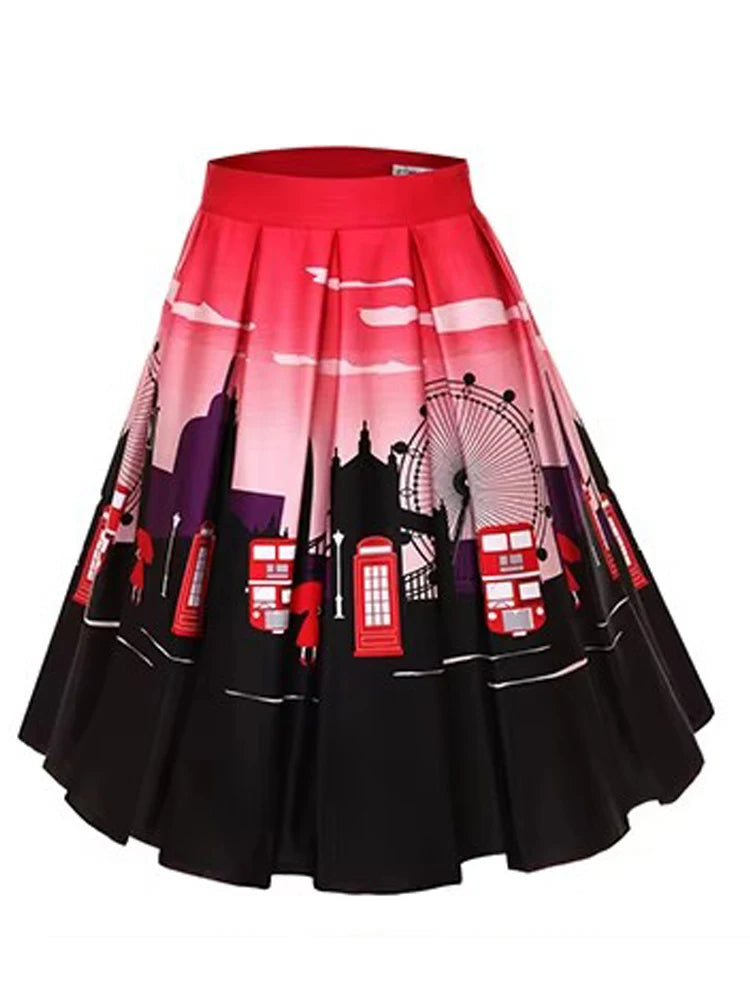 High Waist Scenic Print A Line Midi Skirt