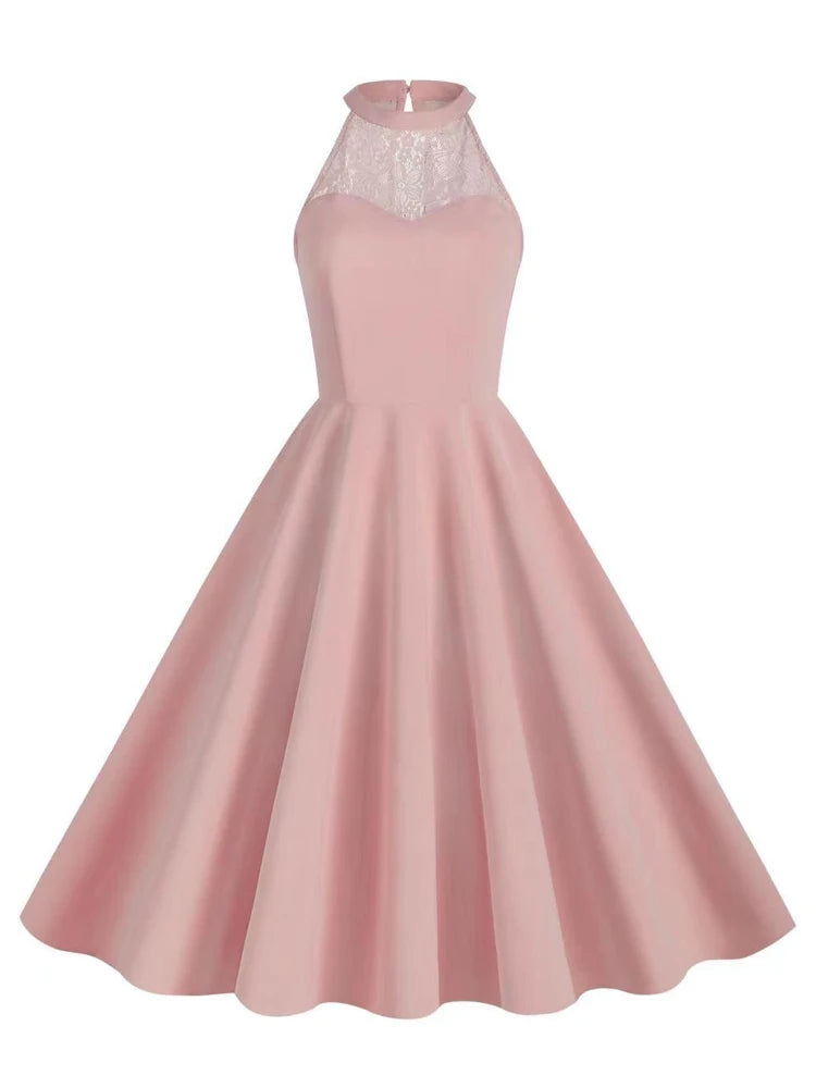 Lace Yoke Halter Fit & Flare Dress