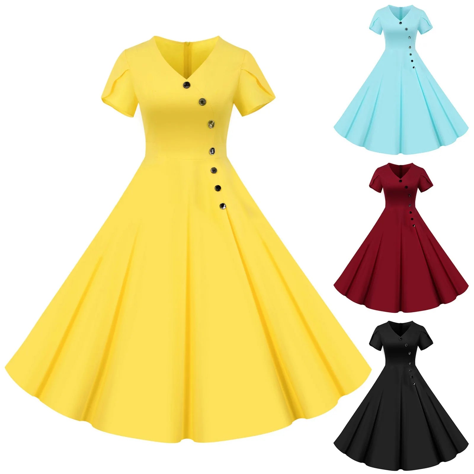 V-Neck Asymmetrical Button Midi Dress