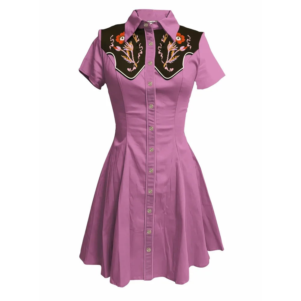 Short Sleeve Western-Style Button-Front Shirt Dress with Floral Embroidered Yoke