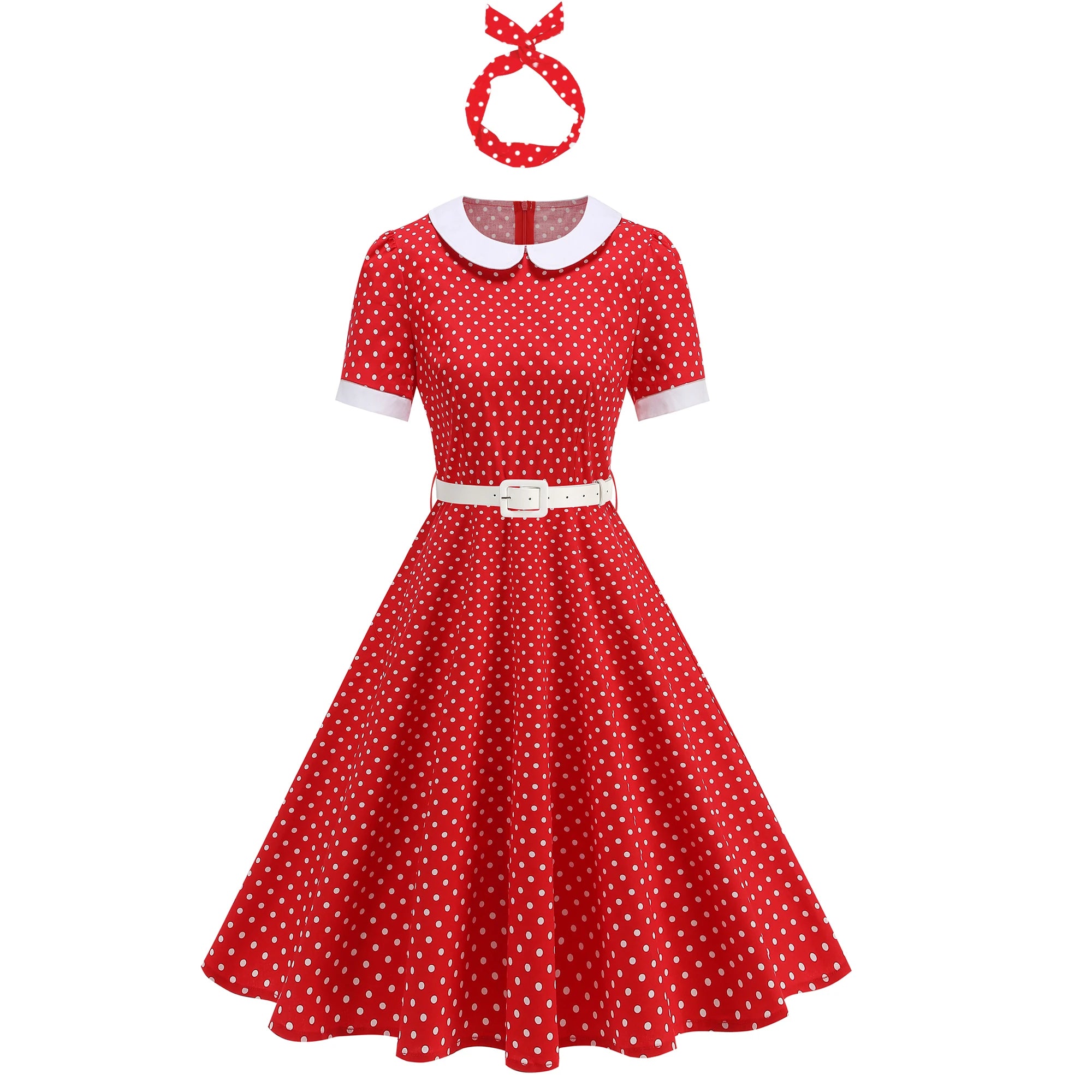 Polka Dot Collar Fit & Flare Dress with Headband