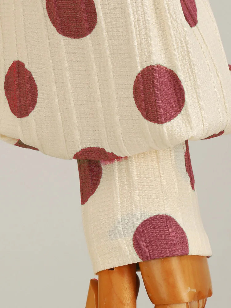 High Neck Polka Dot Long Sleeve Midi Dress with Bow Detail