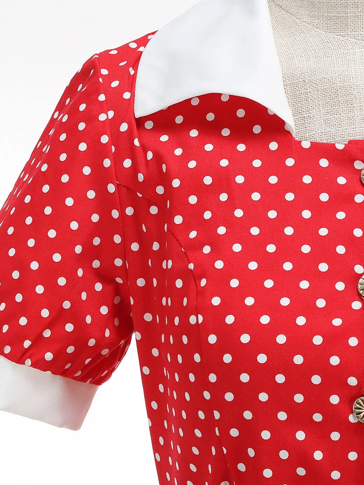 Polka Dot Collared Belted Midi Dress