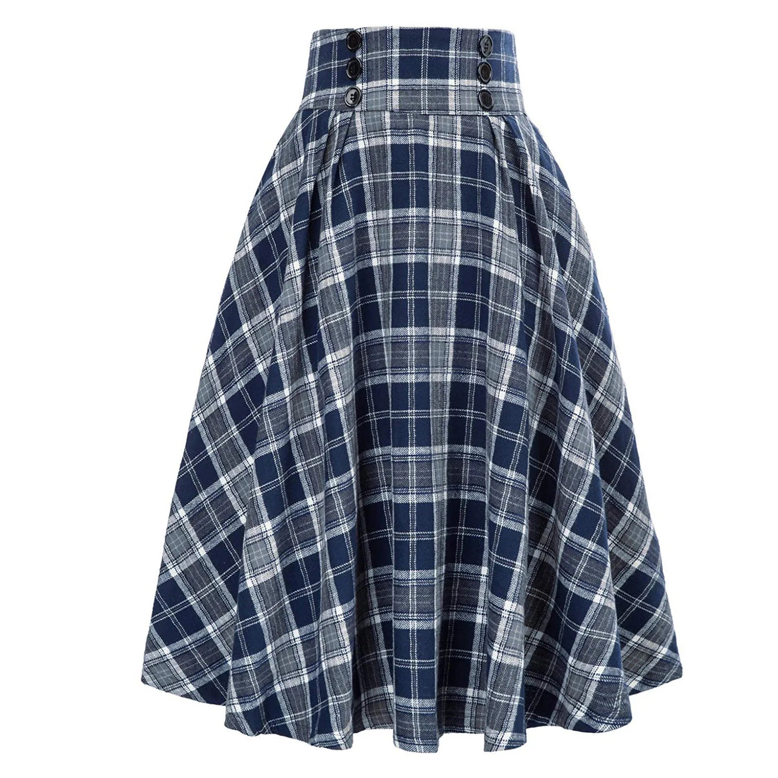 High Waist Plaid Button Detail A Line Midi Skirt