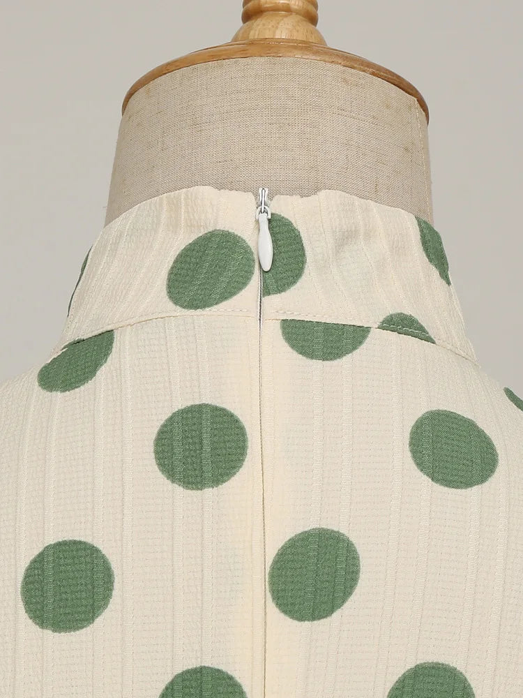High Neck Polka Dot Long Sleeve Midi Dress with Bow Detail