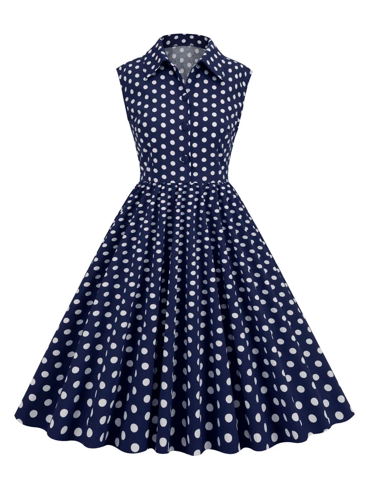 Sleeveless Polka Dot Button Front Midi Dress
