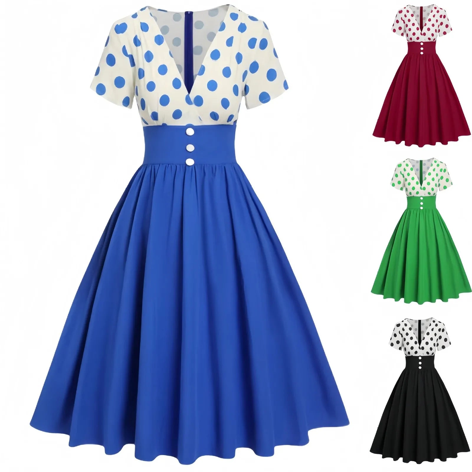V Neck Polka Dot Fit and Flare Dress