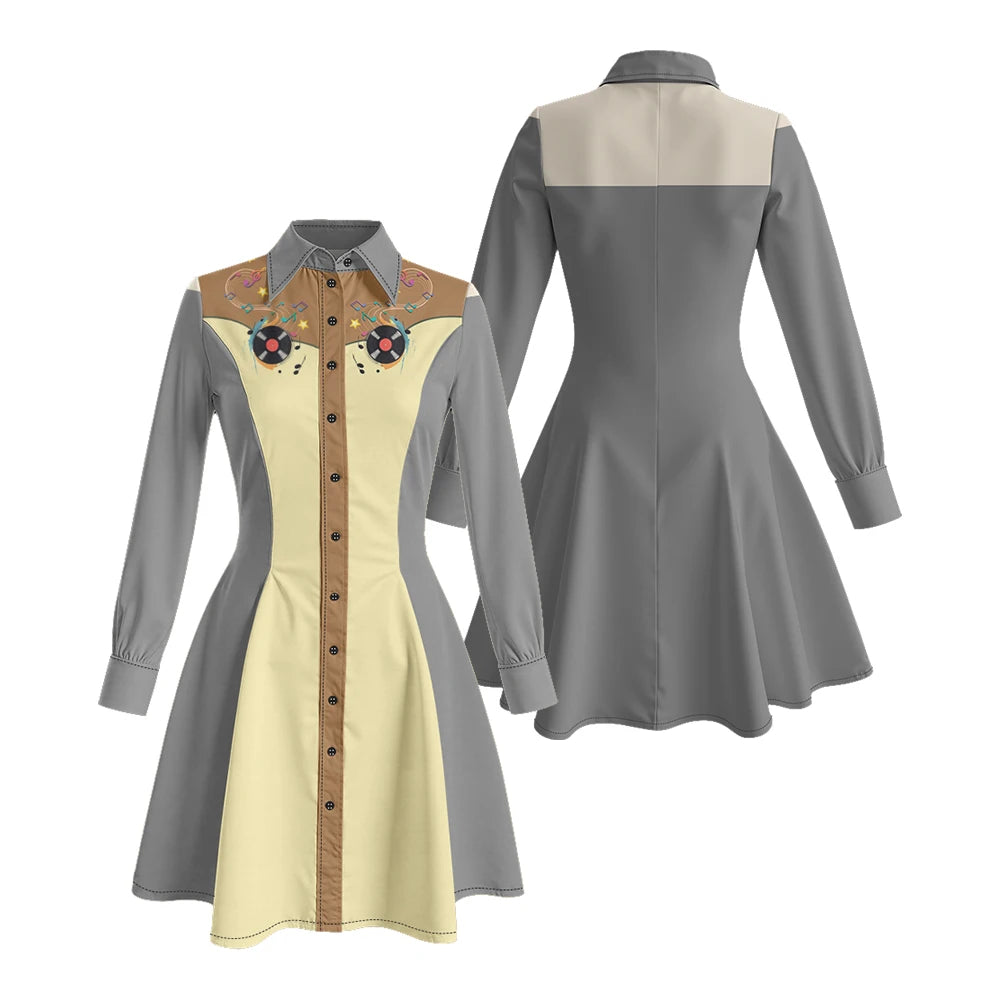Long Sleeve Western-Style Button-Front Shirt Dress with Floral Yoke Graphic