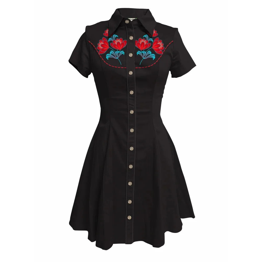 Short Sleeve Button-Front Shirt Dress with Rose Yoke Graphic