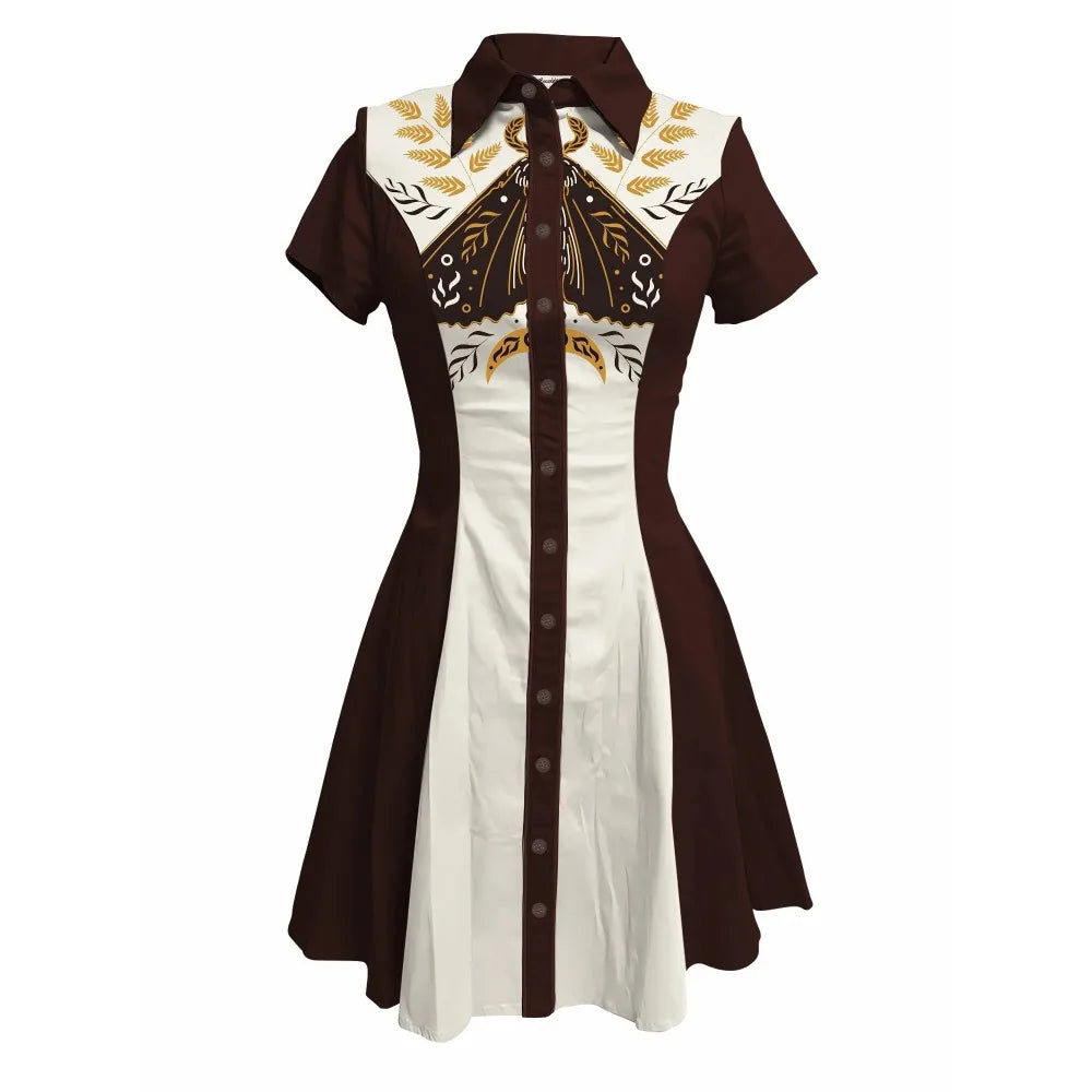 Short Sleeve Button-Front Shirt Dress with Moth Design
