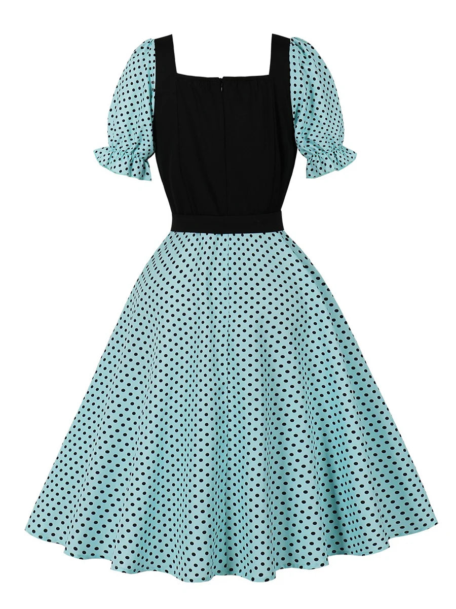 Polka Dot Contrast Panel Midi Dress with Belt