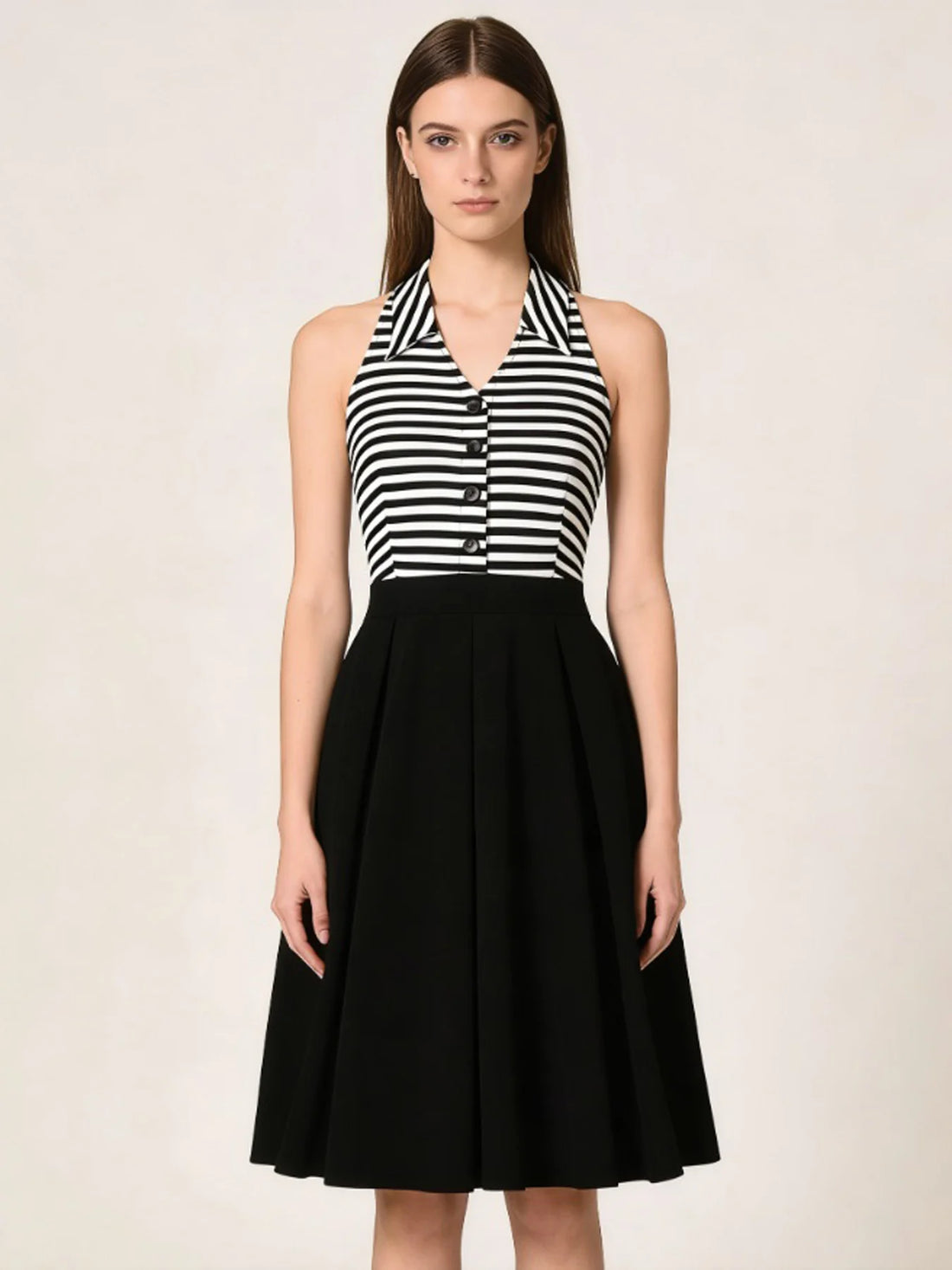 Striped Halter Button Bodice Fit & Flare Dress