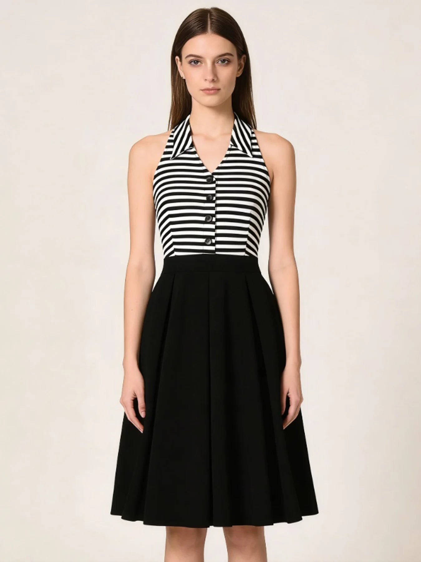 Striped Halter Button Bodice Fit & Flare Dress