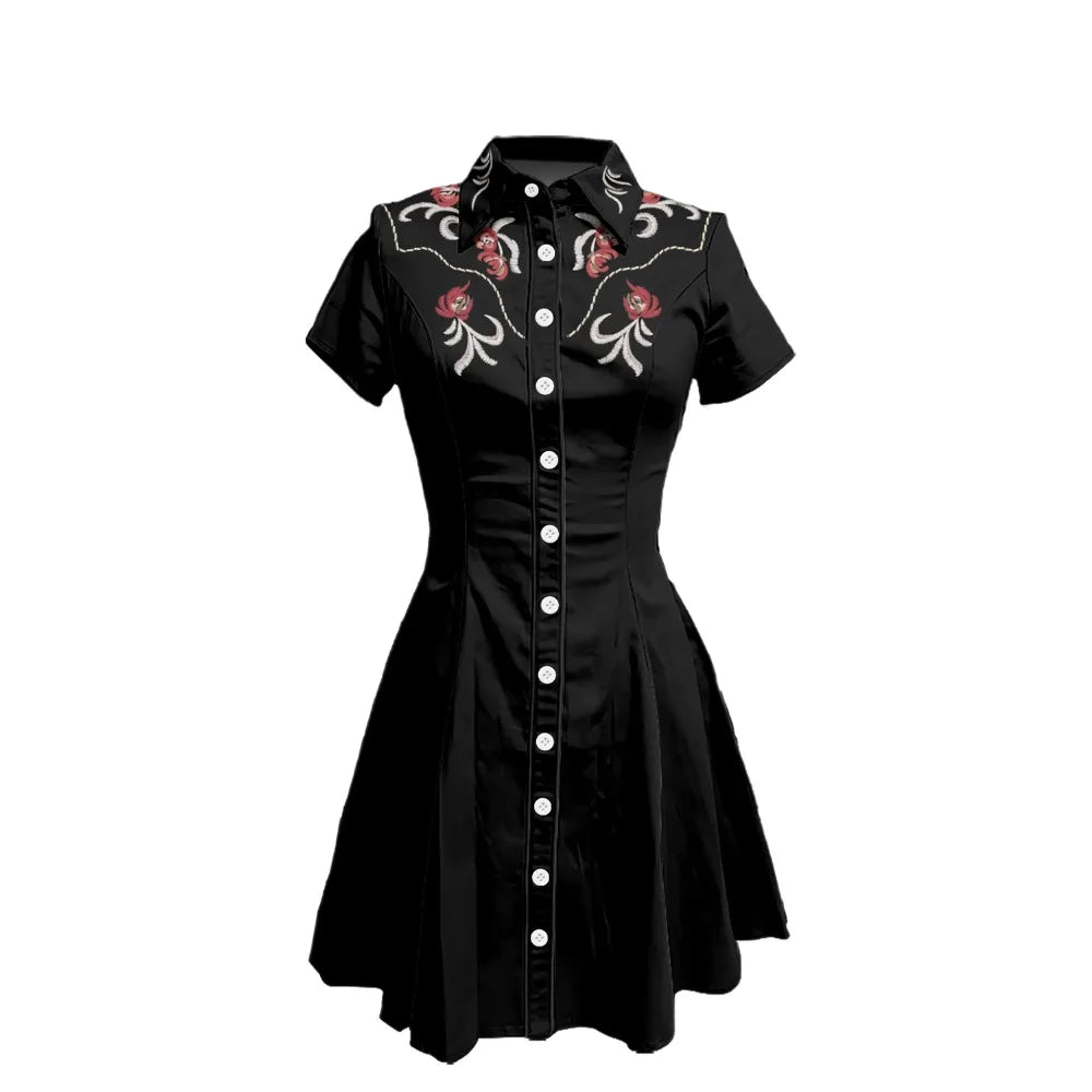 Short Sleeve Button-Front Shirt Dress with Floral Yoke and Contrast Placket