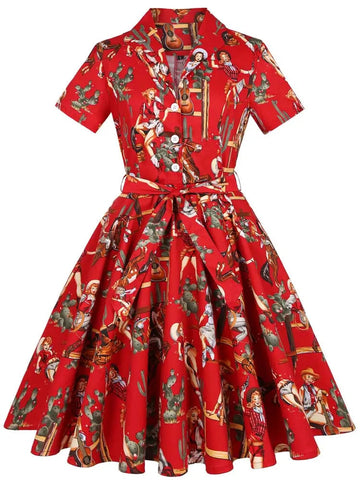 Short Sleeve Western Print Fit and Flare Midi Dress with Tie Belt