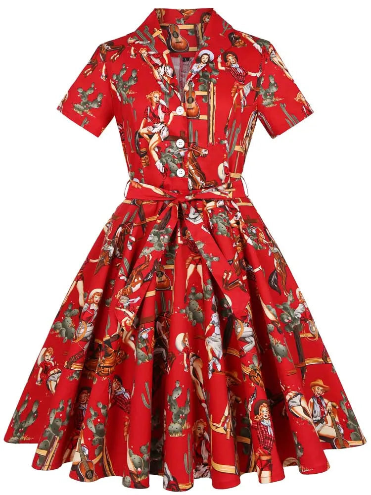 Short Sleeve Western Print Fit and Flare Midi Dress with Tie Belt
