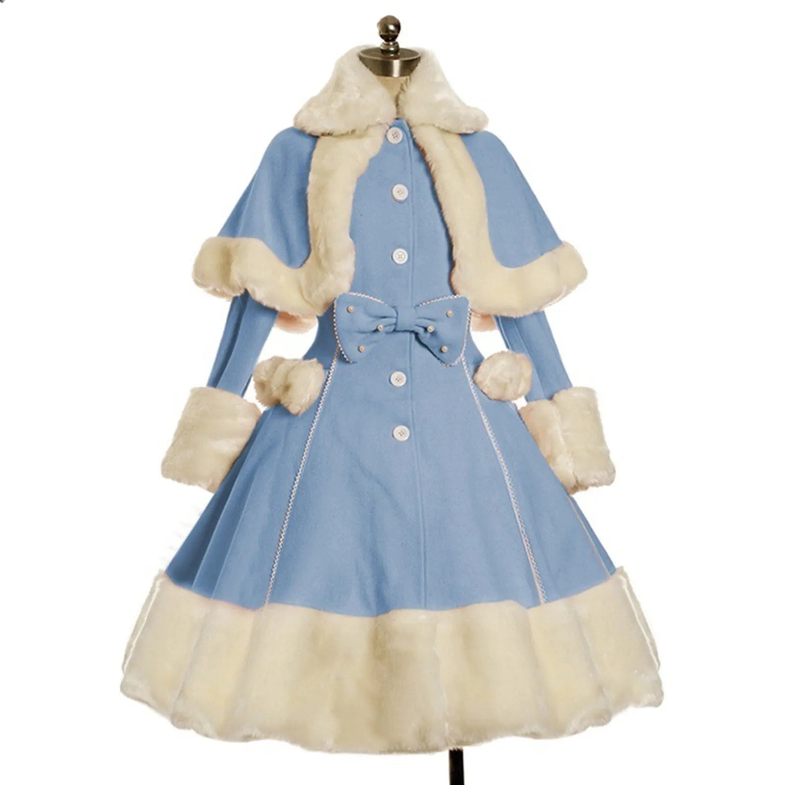 Faux Fur Trim Button Front Coat Dress with Bow Detail