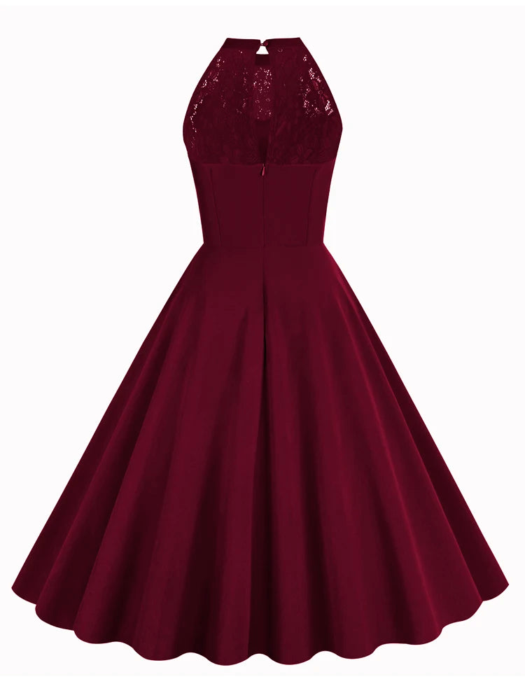 Lace Yoke Halter Fit & Flare Dress