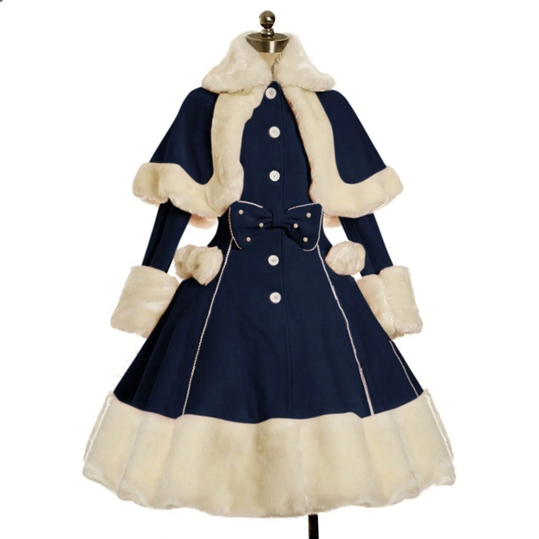 Faux Fur Trim Button Front Coat Dress with Bow Detail