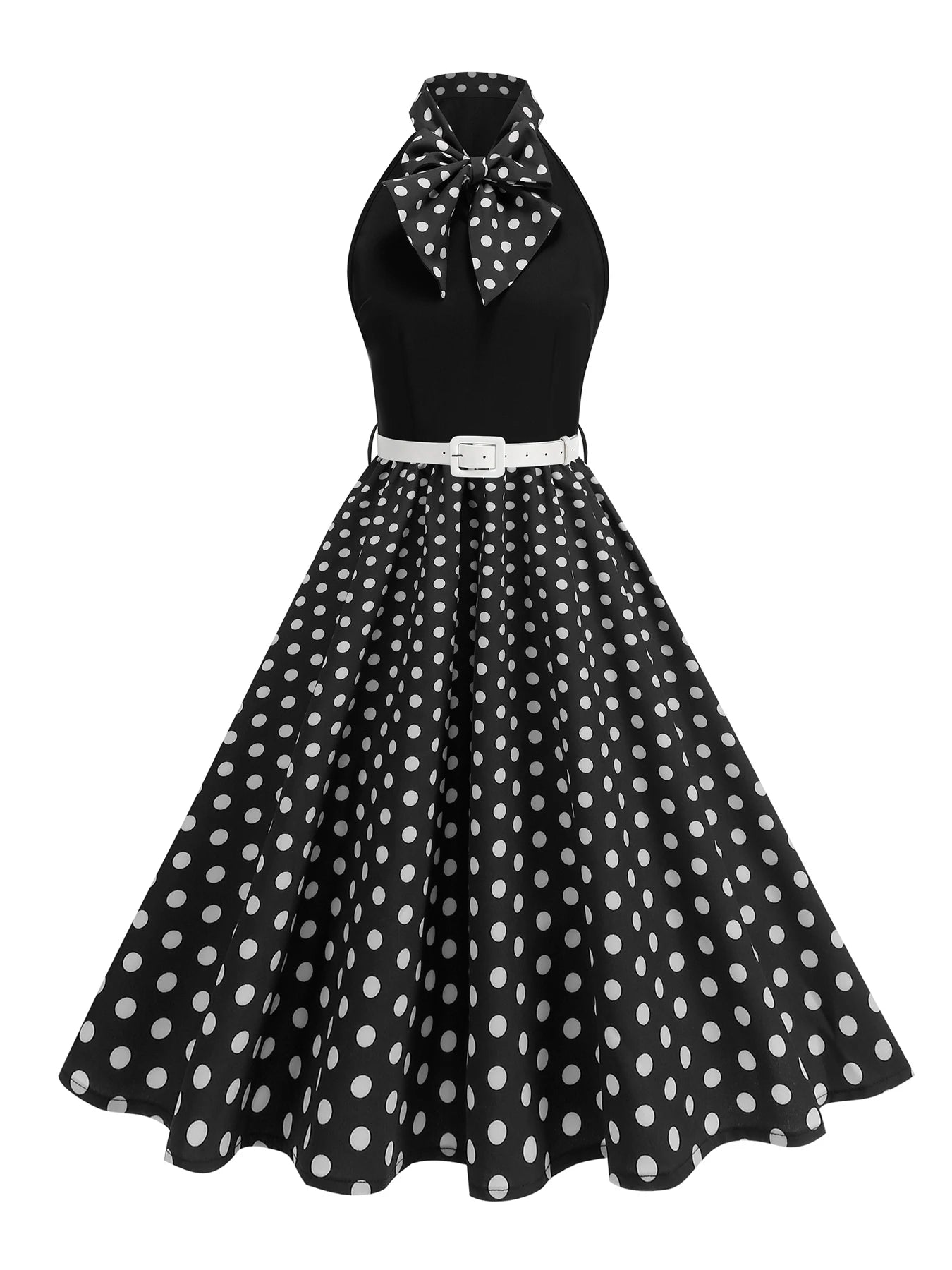 Halter Neck Polka Dot Midi Dress with Bow and Belt